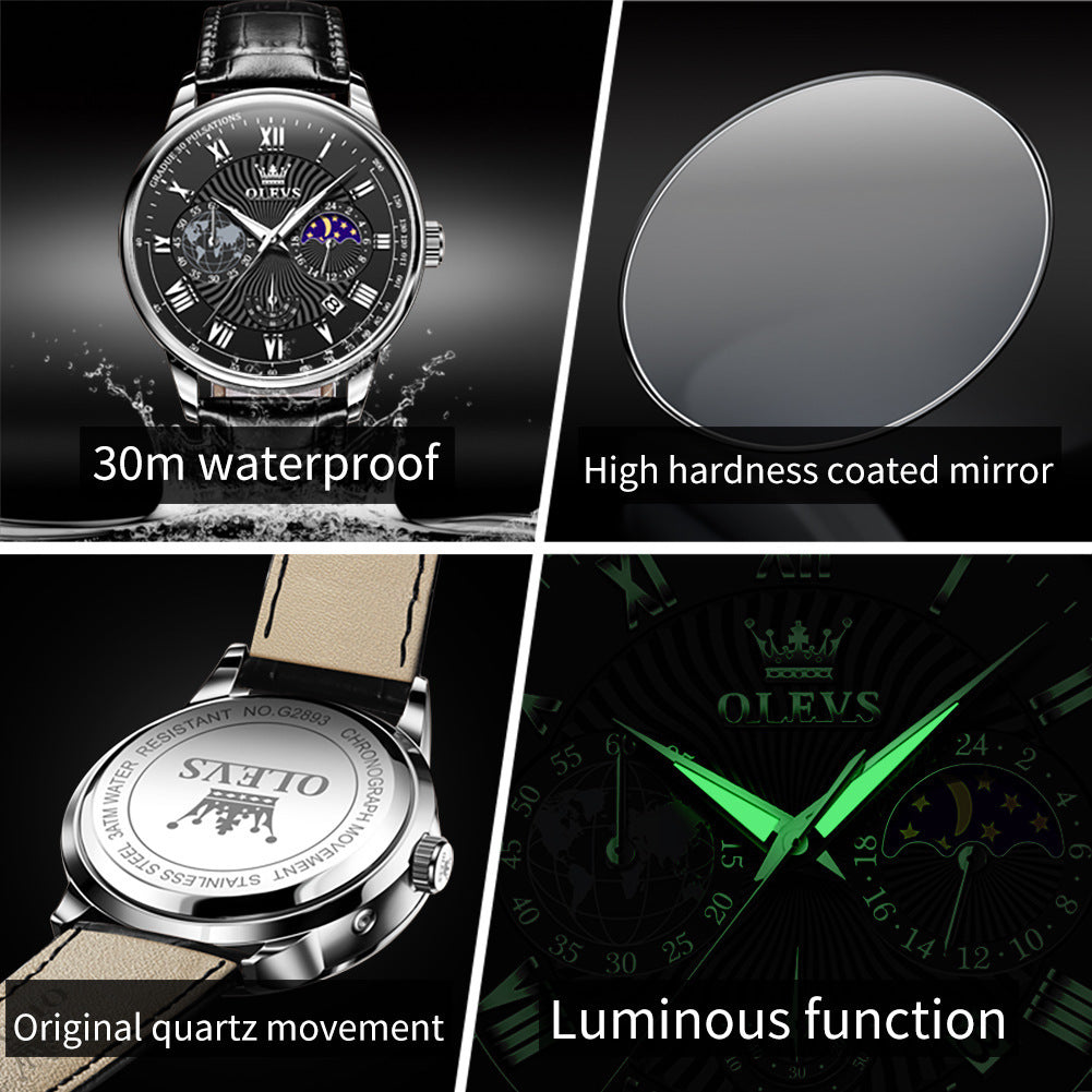 Reloj de cuarzo multifuncional para hombre y luminoso.