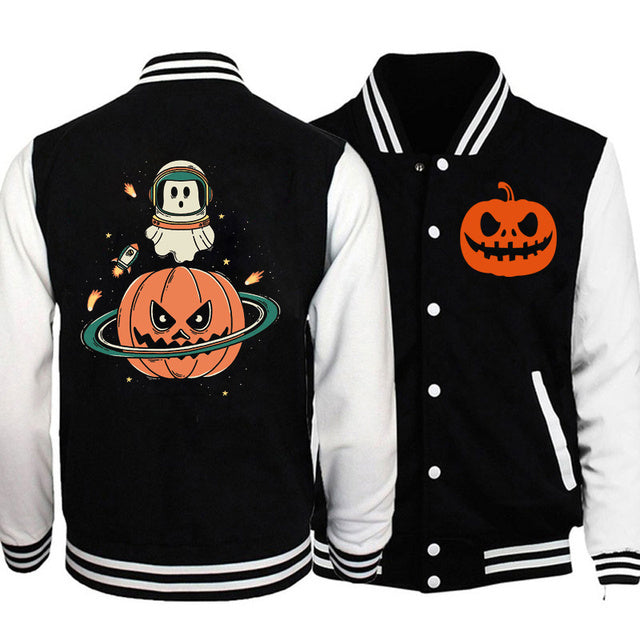 Chaqueta Casual y Suelta con Estampado de Calabaza y Planeta de Halloween.