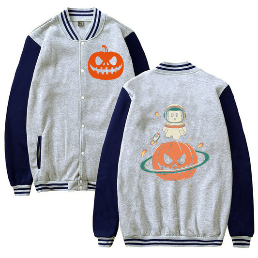 Chaqueta Casual y Suelta con Estampado de Calabaza y Planeta de Halloween.