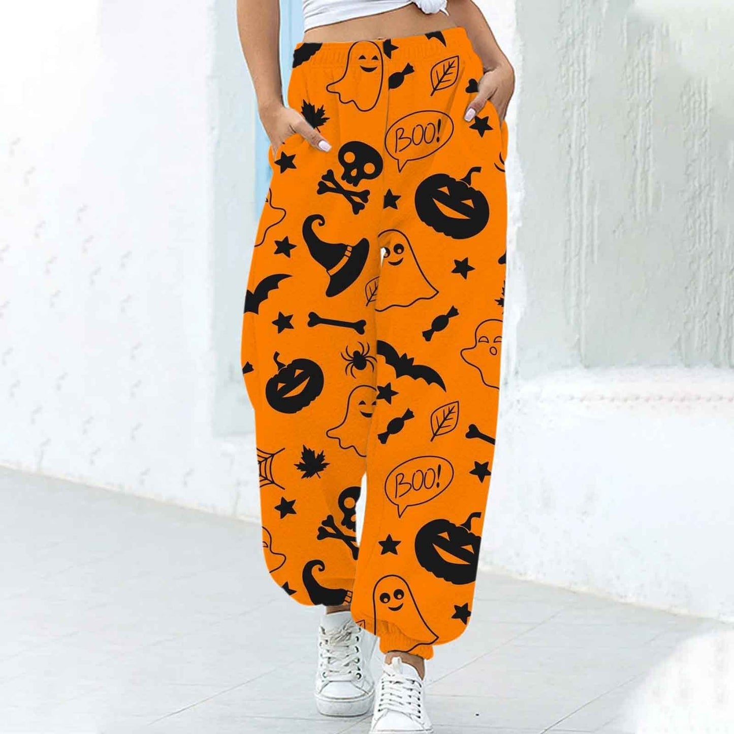 Pantalones Ajustados en los Tobillos para Mujer con Estampado Divertido de Halloween y Corte Suelto.