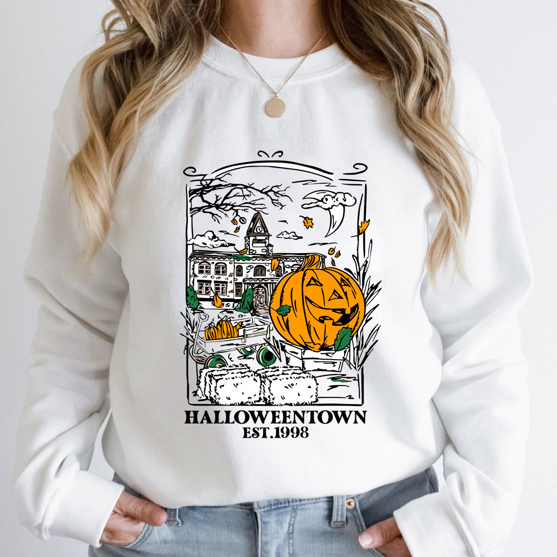 Sudadera de Cuello Redondo para Mujer con Estampado de Halloween.