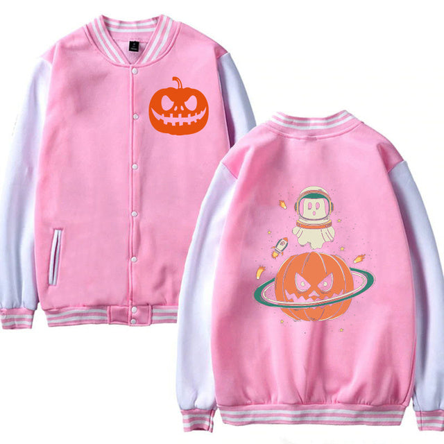 Chaqueta Casual y Suelta con Estampado de Calabaza y Planeta de Halloween.