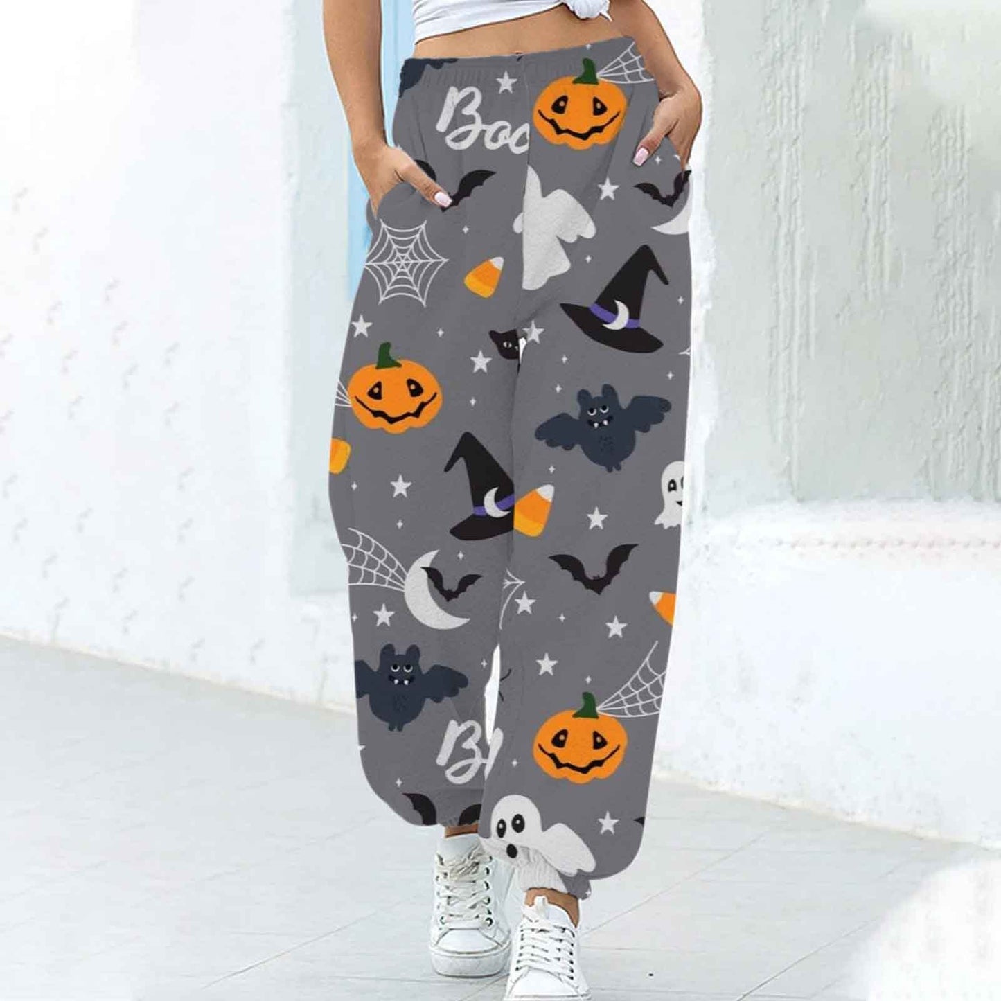 Pantalones Ajustados en los Tobillos para Mujer con Estampado Divertido de Halloween y Corte Suelto.