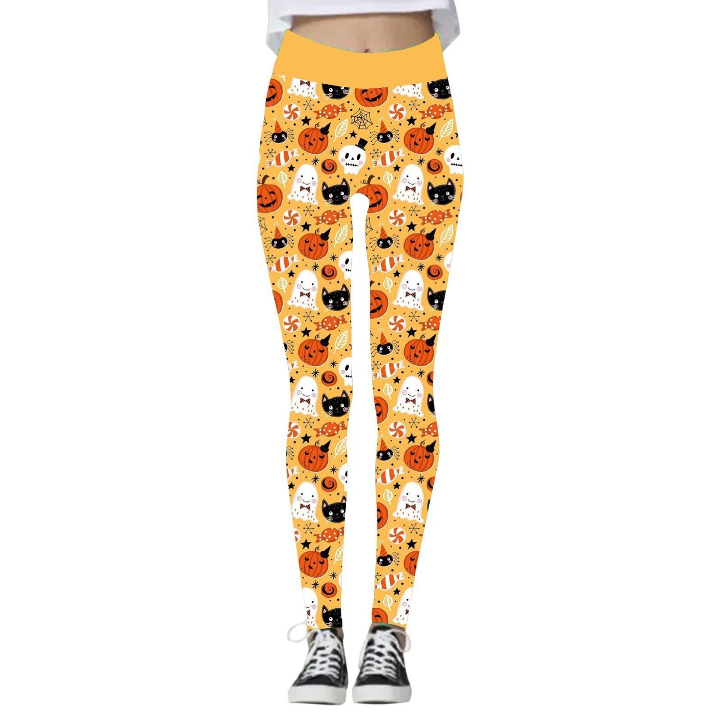 Leggings para Mujer con Estampado de Calabaza y Calavera de Halloween.