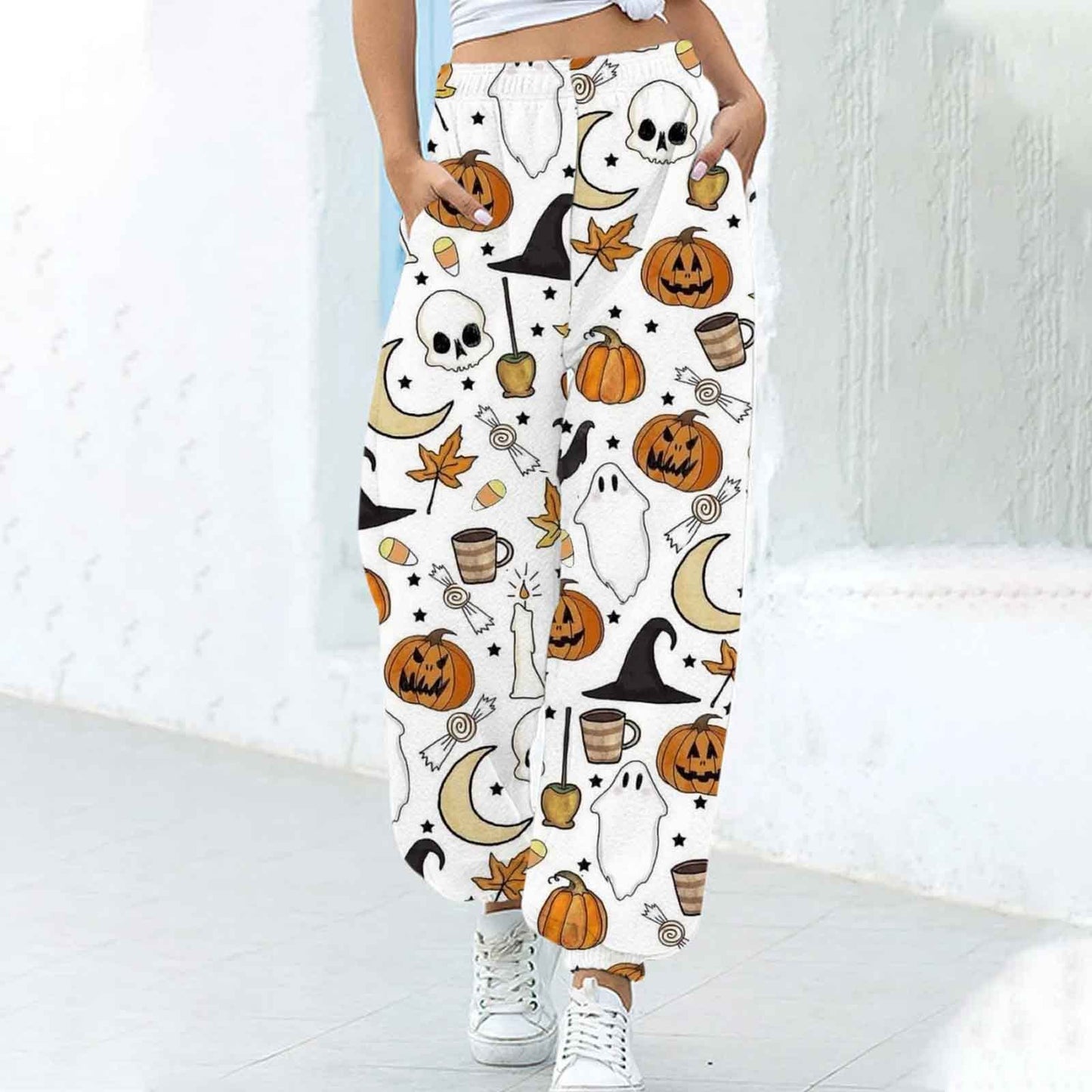 Pantalones Ajustados en los Tobillos para Mujer con Estampado Divertido de Halloween y Corte Suelto.