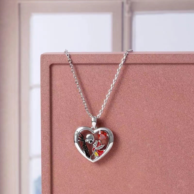 Collar de Calavera en Forma de Corazón con Piedras Preciosas para Halloween