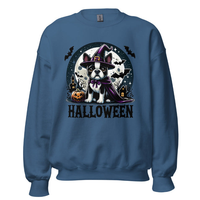 Sudadera Unisex de Halloween con Diseño de Bruja y Boston Terrier.