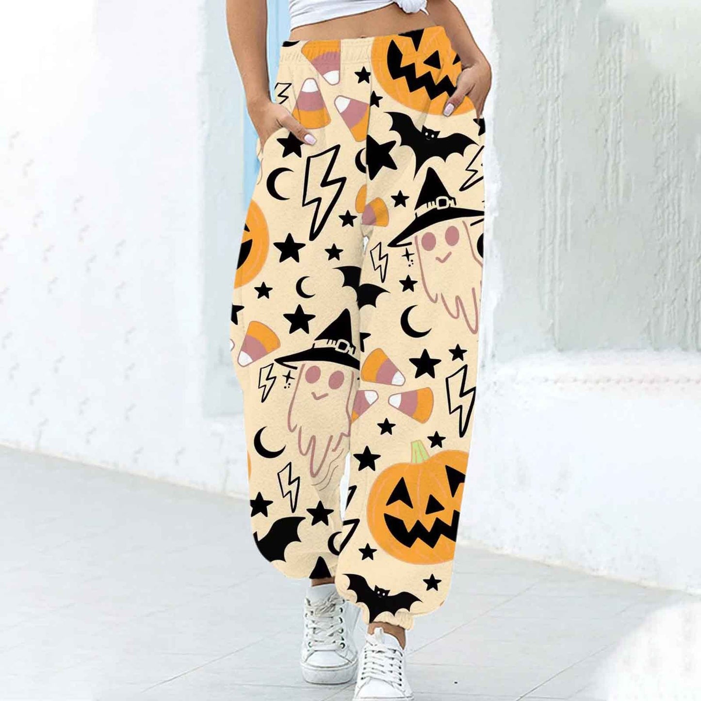 Pantalones Ajustados en los Tobillos para Mujer con Estampado Divertido de Halloween y Corte Suelto.