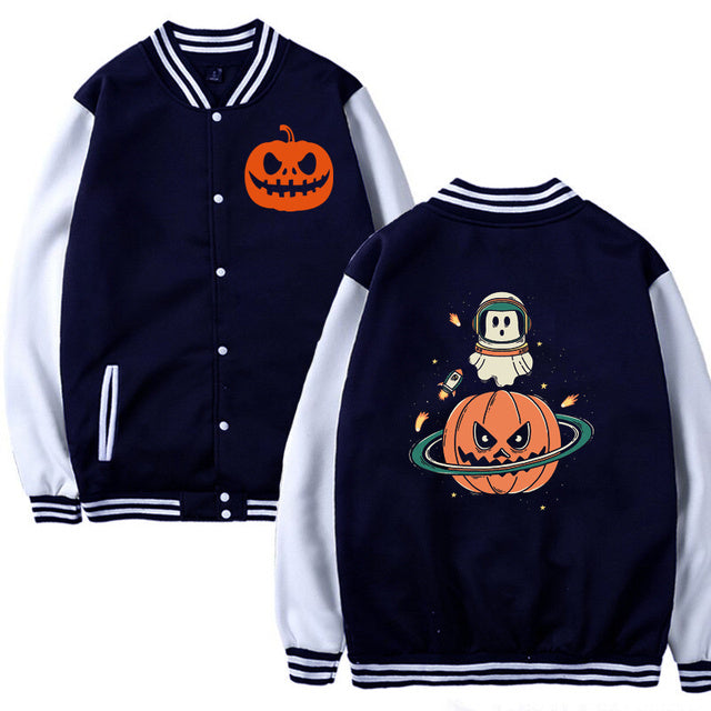 Chaqueta Casual y Suelta con Estampado de Calabaza y Planeta de Halloween.