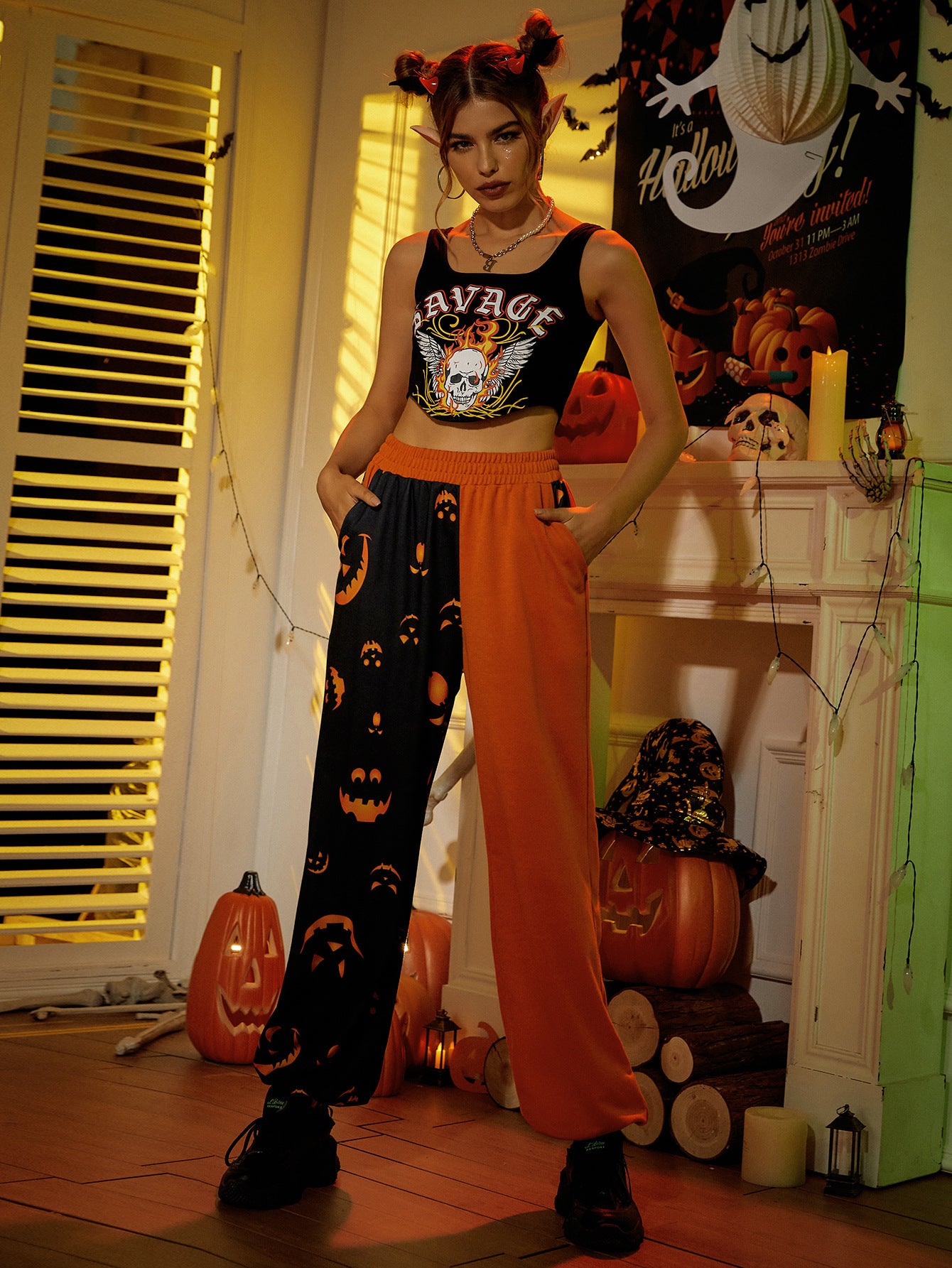 Pantalones de Halloween para Mujer con Estampado y Detalles en Parches