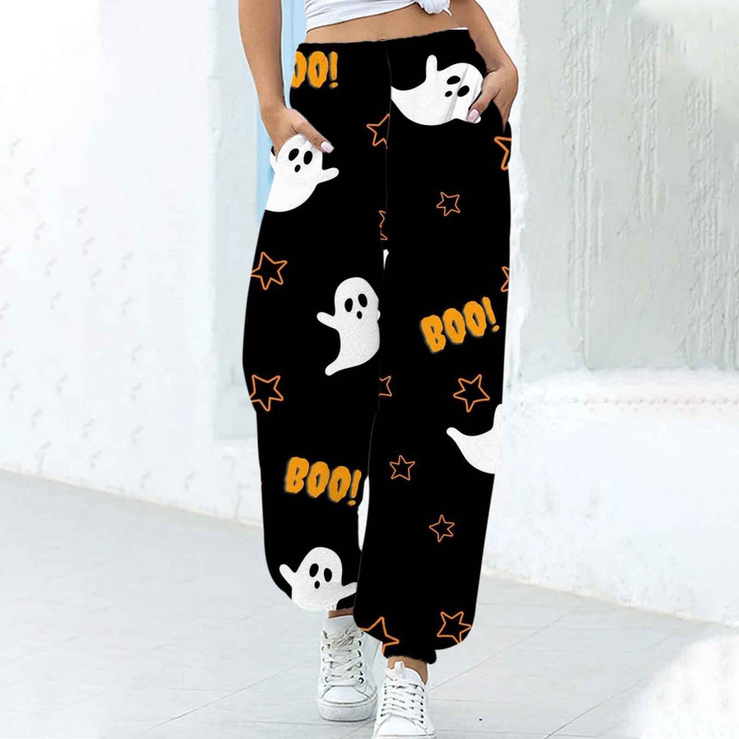 Pantalones Ajustados en los Tobillos para Mujer con Estampado Divertido de Halloween y Corte Suelto.