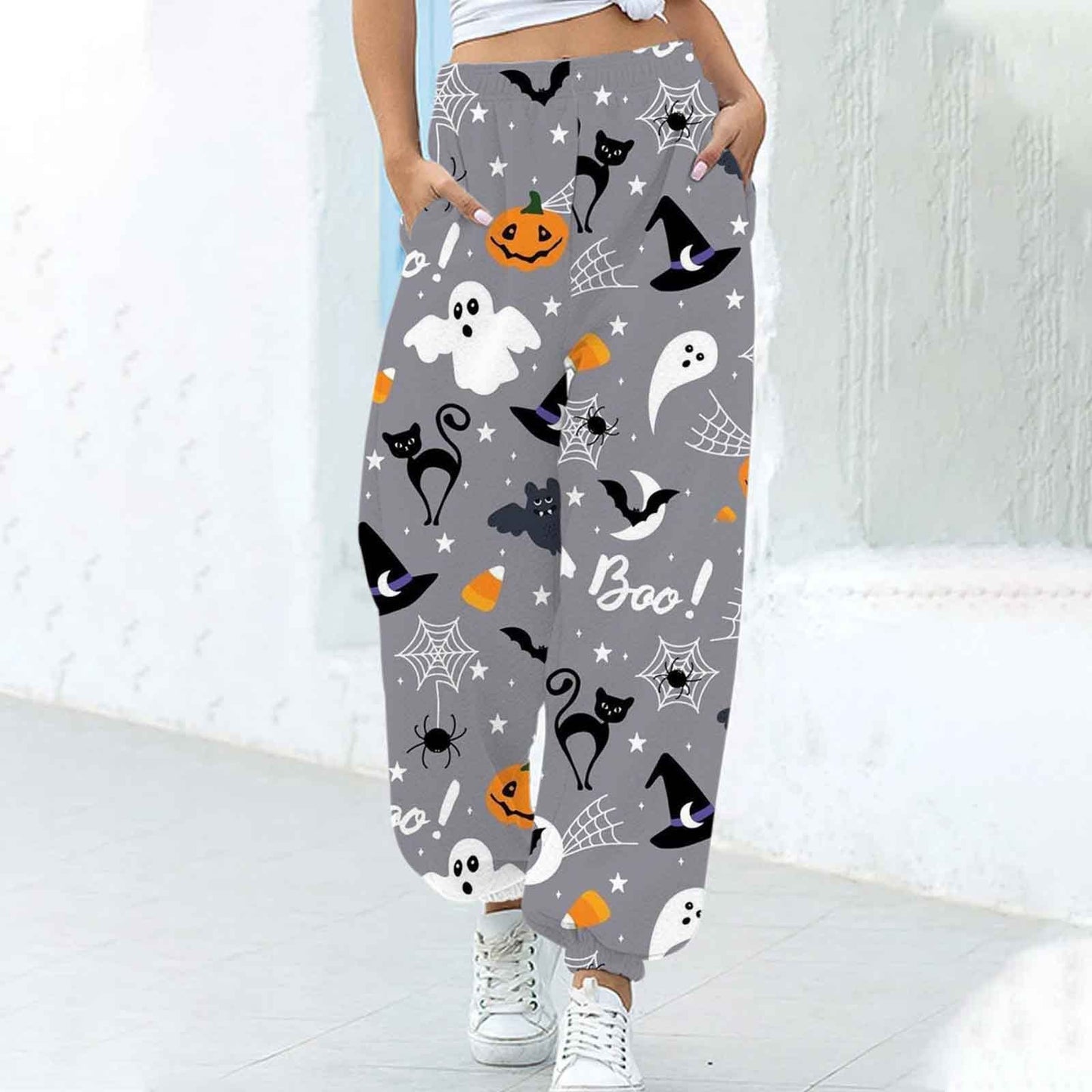 Pantalones Ajustados en los Tobillos para Mujer con Estampado Divertido de Halloween y Corte Suelto.